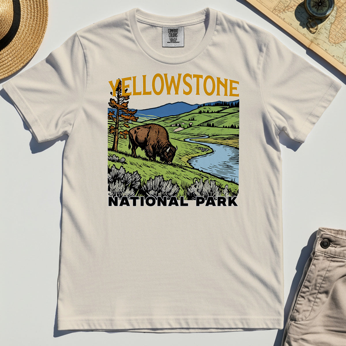 Yellowstone National Park Comfort Color Tees, Vintage Bison Landscape T-Shirts For Nature & Travel Lover 7