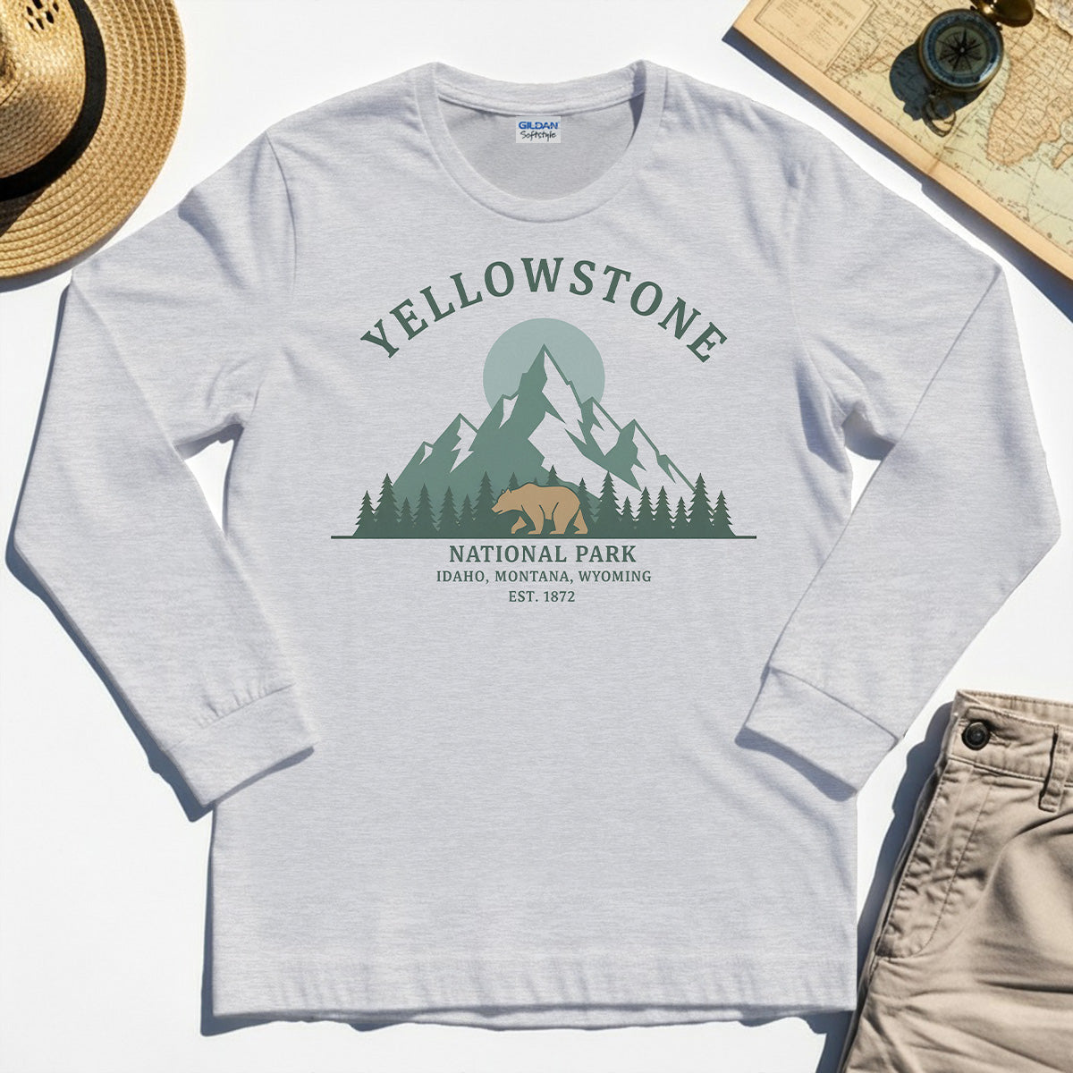 Yellowstone National Park Long Sleeve, Bear & Pines Mountain Graphic Long Sleeve Tee 4
