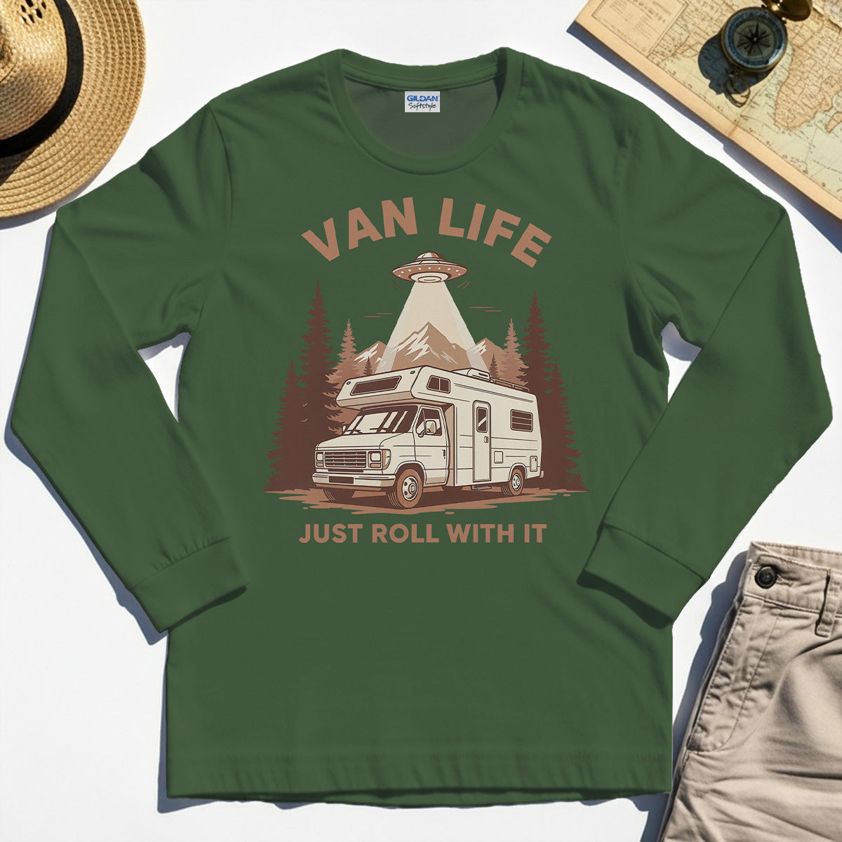 Just Roll With It Long Sleeve, Retro Camper Van Adventure Long Sleeve Tee For Camping Lovers 3