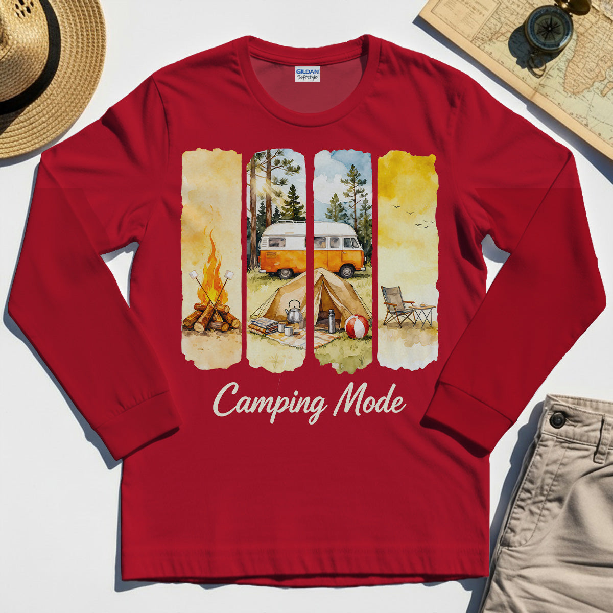 Van Life and Campfire Graphic Long Sleeve, Watercolor Campfire and Tent Graphic Long Sleeve Tee For Outdoor Lovers 4