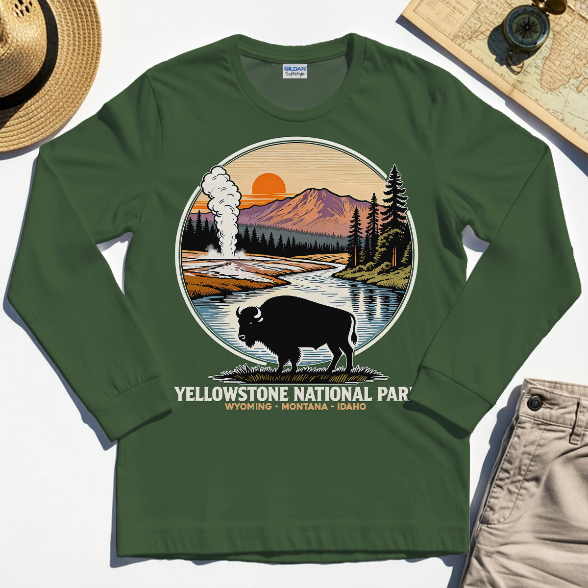 Retro Yellowstone National Park Long Sleeve, Bison Silhouette Outdoor Adventure Long Sleeve Tee For Nature Campers 4