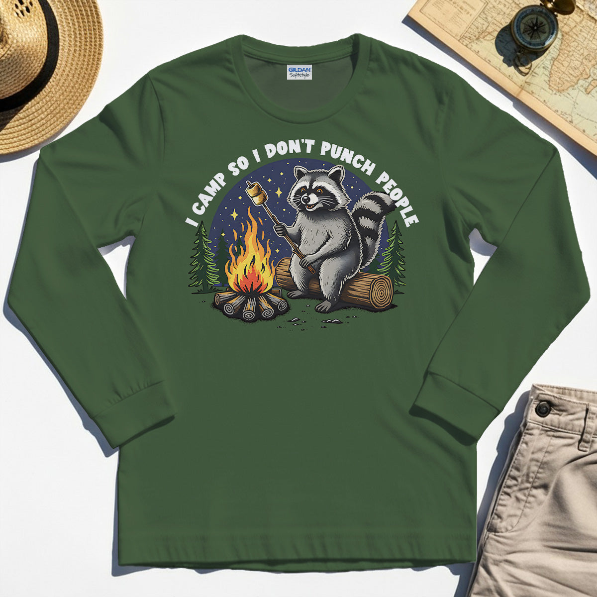 I Camp So I Don’t Punch People Long Sleeve, Funny Raccoon Marshmallow Campfire Long Sleeve Tee 3