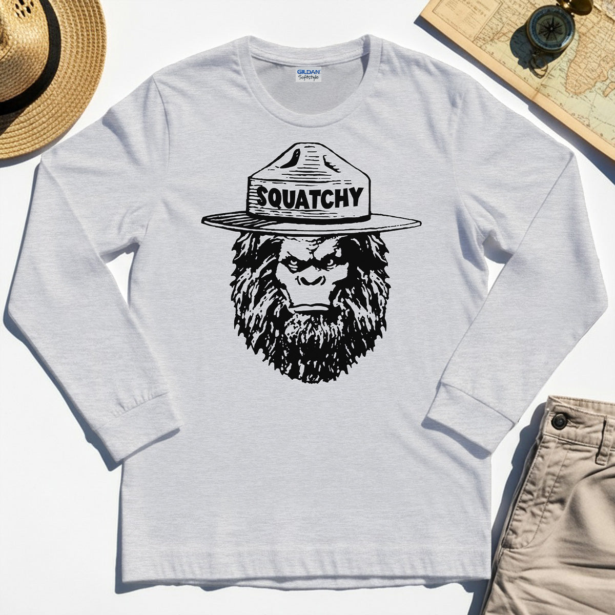 Sasquatch "SQUATCHY" Funny Bigfoot Long Sleeve, Retro Line Art Bigfoot Face Long Sleeve Tee For Camping Lovers 4
