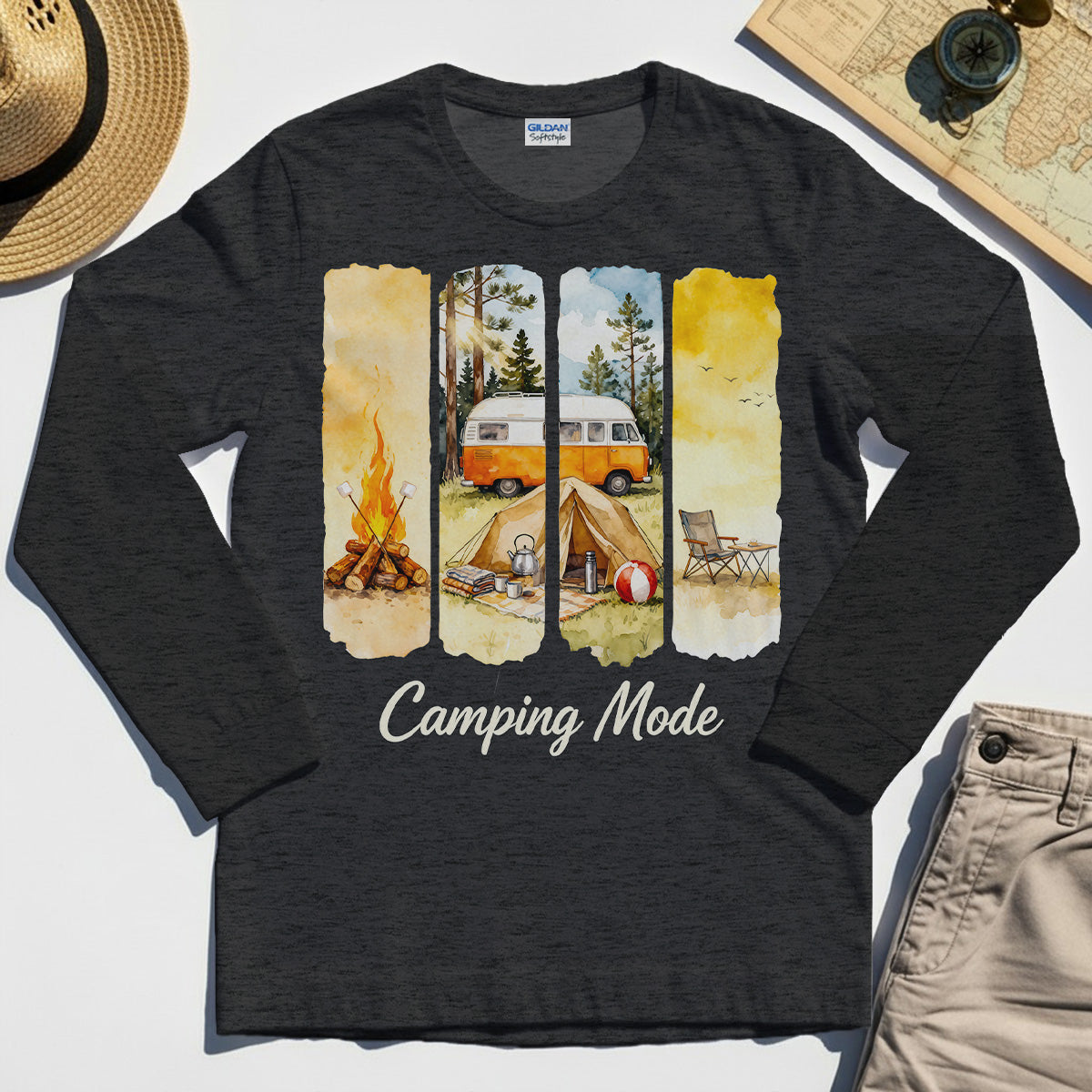 Van Life and Campfire Graphic Long Sleeve, Watercolor Campfire and Tent Graphic Long Sleeve Tee For Outdoor Lovers 5