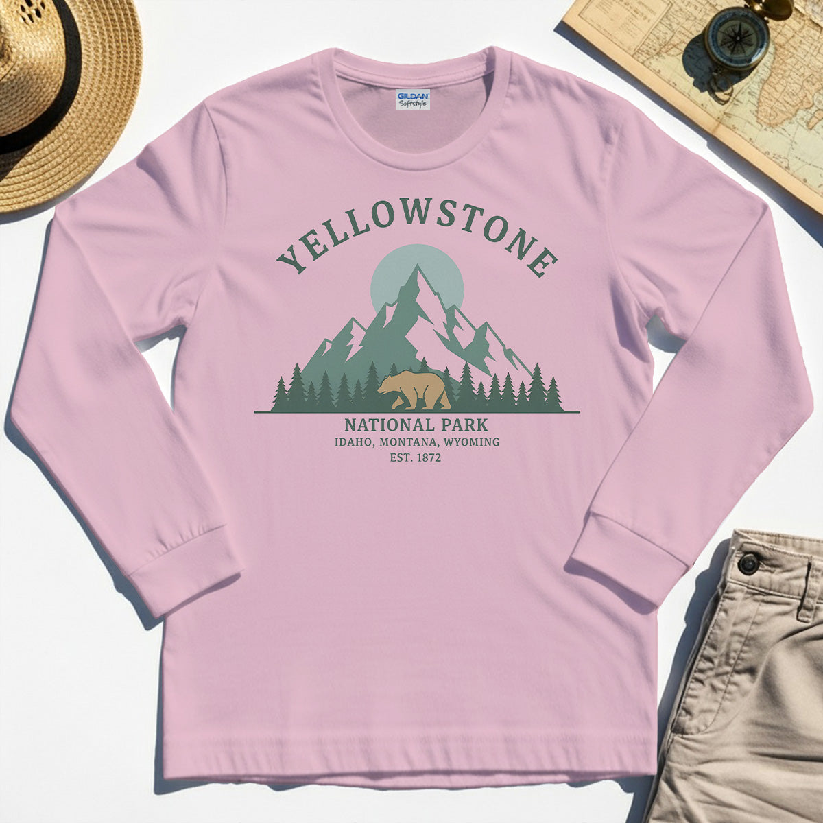 Yellowstone National Park Long Sleeve, Bear & Pines Mountain Graphic Long Sleeve Tee 5