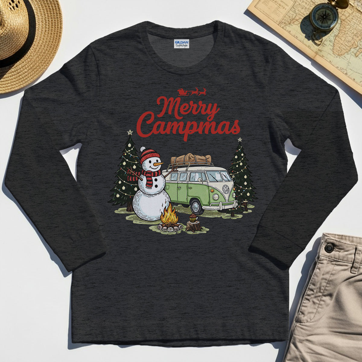 Funny Merry Christmas Camping Long Sleeve Tee, Retro Camper Van Snowman Campfire Long Sleeve For Outdoor Lovers 5