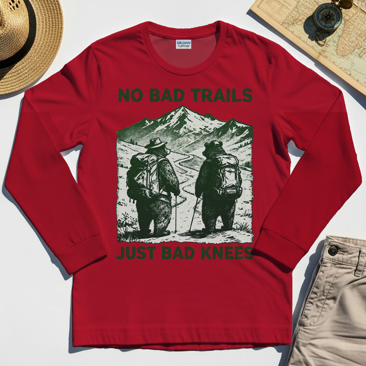 No Bad Trails Just Bad Knees Long Sleeve, Vintage Bear Backpacking Long Sleeve Tee For Campers and Outdoor Enthusiasts 6