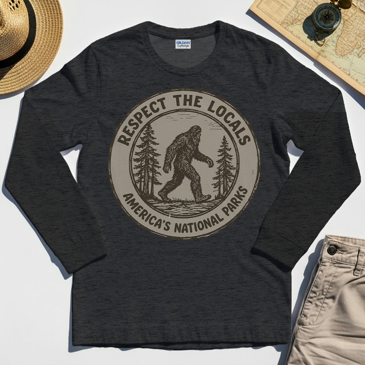 Retro Respect the Locals Bigfoot Long Sleeve, Funny Sasquatch National Park Camping Long Sleeve Tee 6