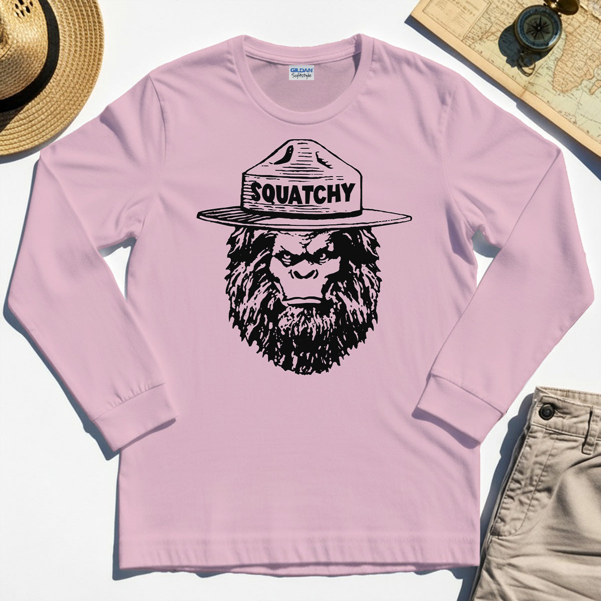 Sasquatch "SQUATCHY" Funny Bigfoot Long Sleeve, Retro Line Art Bigfoot Face Long Sleeve Tee For Camping Lovers 5