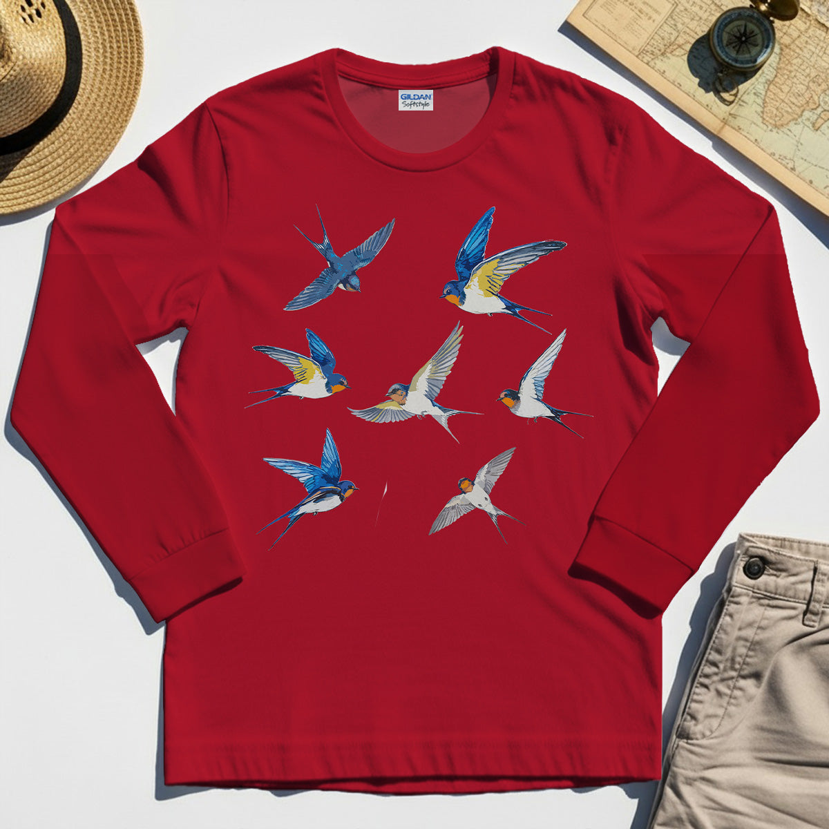 Elegant Flying Swallows Long Sleeve Tees , Minimalist Wildlife Camping Graphic Long Sleeve Gift For Nature Campers 5