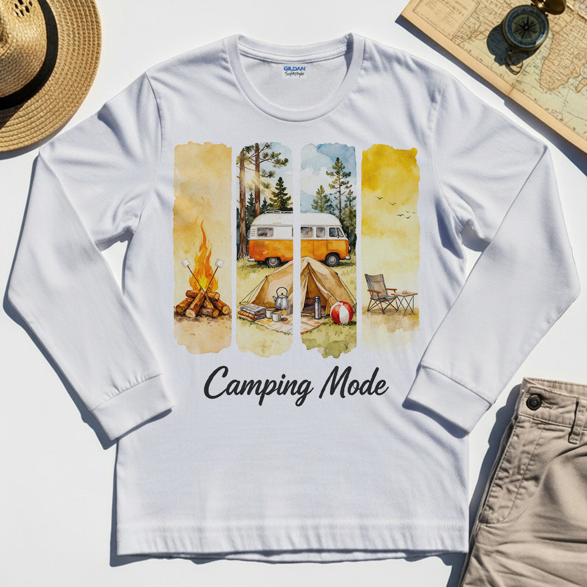 Van Life and Campfire Graphic Long Sleeve, Watercolor Campfire and Tent Graphic Long Sleeve Tee For Outdoor Lovers 6
