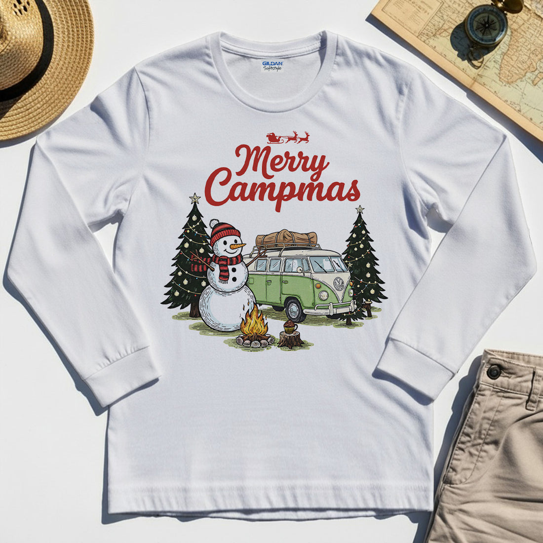 Funny Merry Christmas Camping Long Sleeve Tee, Retro Camper Van Snowman Campfire Long Sleeve For Outdoor Lovers 1
