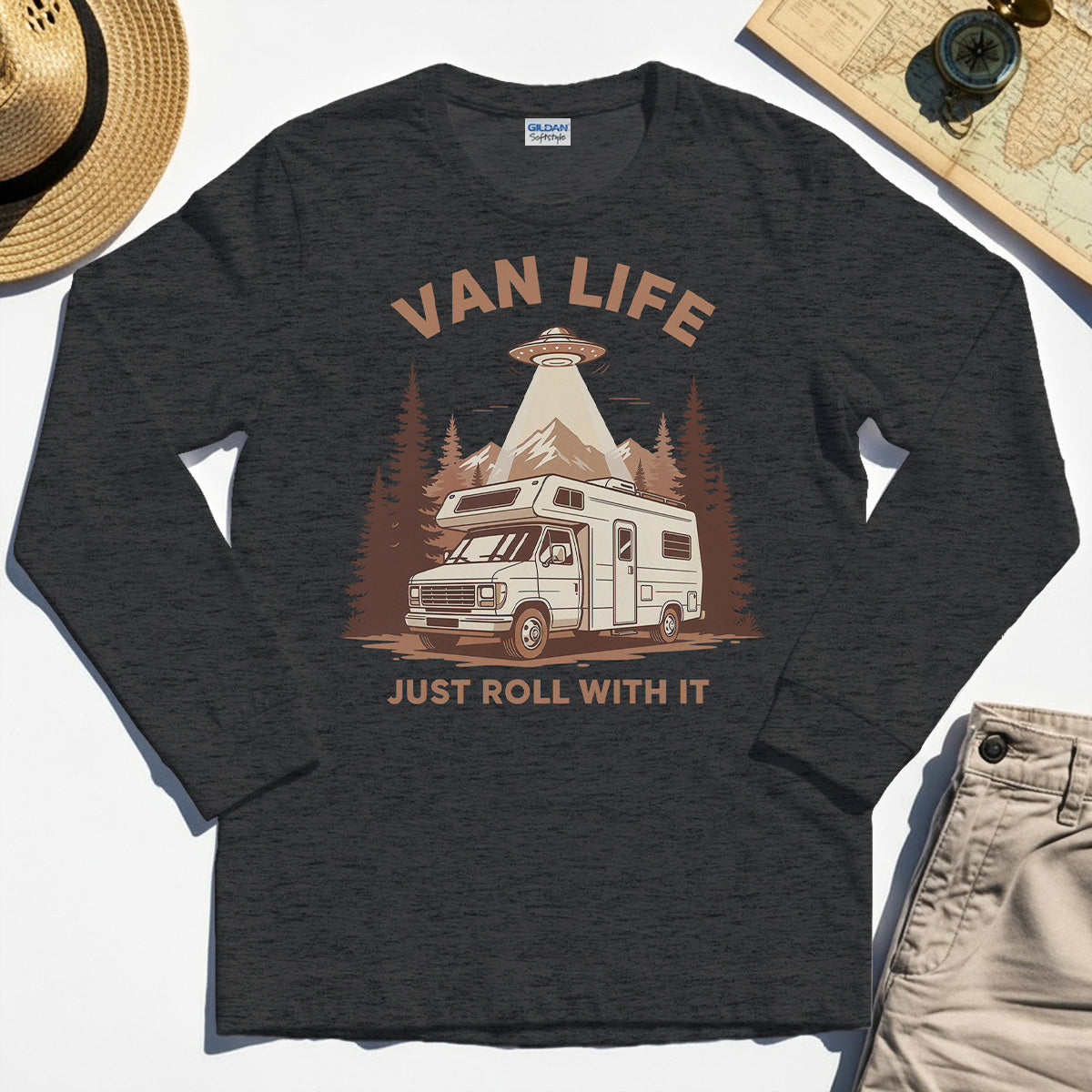 Just Roll With It Long Sleeve, Retro Camper Van Adventure Long Sleeve Tee For Camping Lovers 4