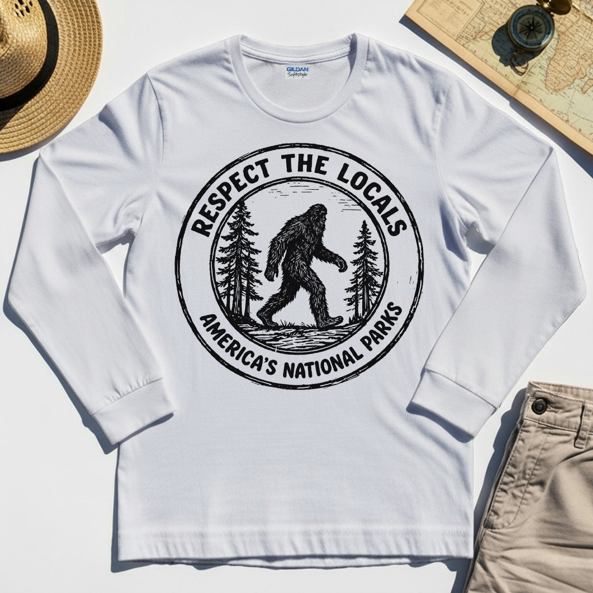 Retro Respect the Locals Bigfoot Long Sleeve, Funny Sasquatch National Park Camping Long Sleeve Tee 7