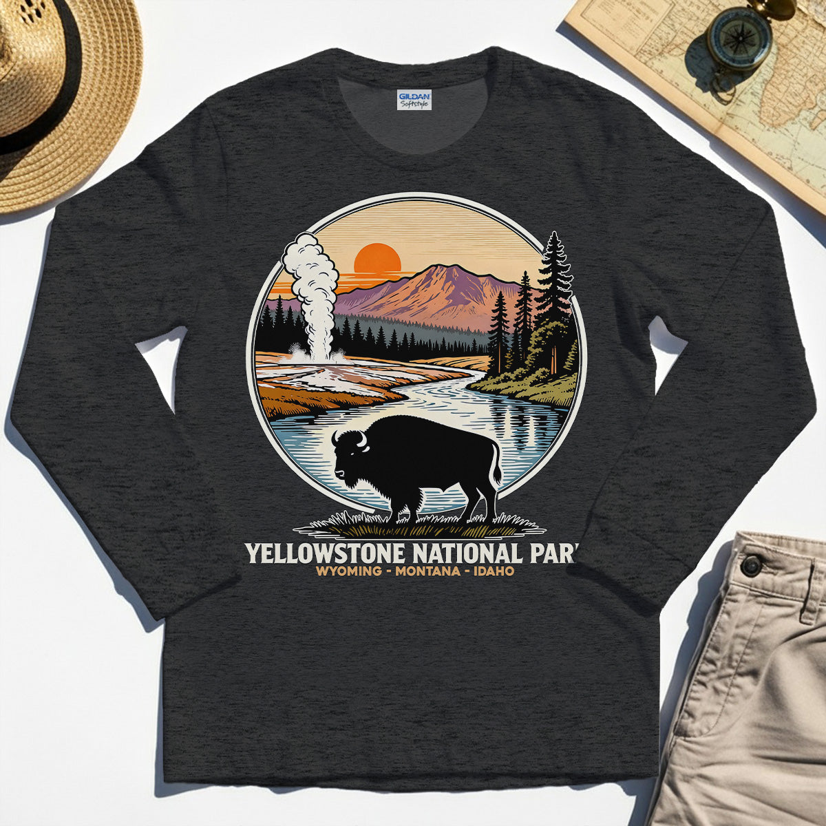 Retro Yellowstone National Park Long Sleeve, Bison Silhouette Outdoor Adventure Long Sleeve Tee For Nature Campers 8
