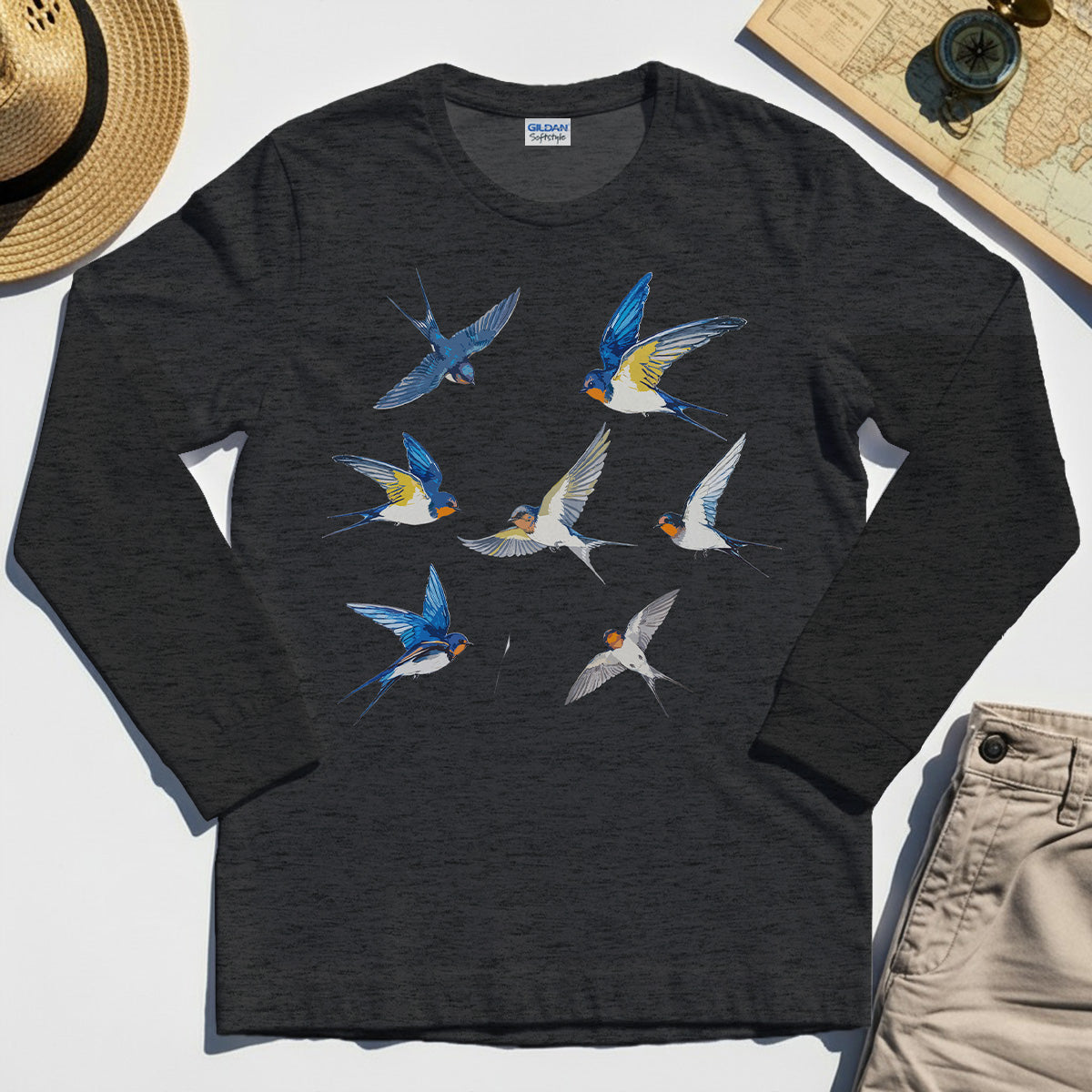 Elegant Flying Swallows Long Sleeve Tees , Minimalist Wildlife Camping Graphic Long Sleeve Gift For Nature Campers 6