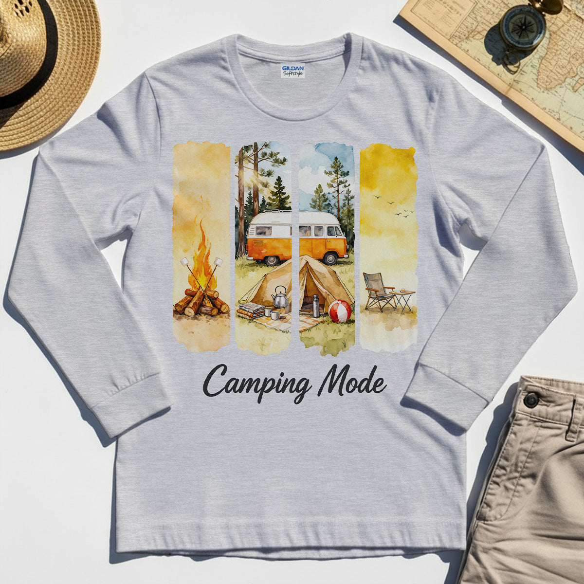 Van Life and Campfire Graphic Long Sleeve, Watercolor Campfire and Tent Graphic Long Sleeve Tee For Outdoor Lovers 7