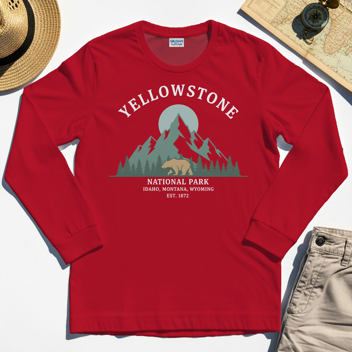 Yellowstone National Park Long Sleeve, Bear & Pines Mountain Graphic Long Sleeve Tee 7