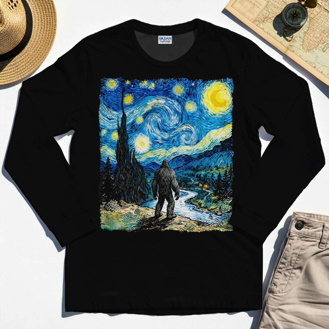 Funny Sasquatch Van Gogh Parody Long Sleeve, Bigfoot Starry Night Long Sleeve Tee 1