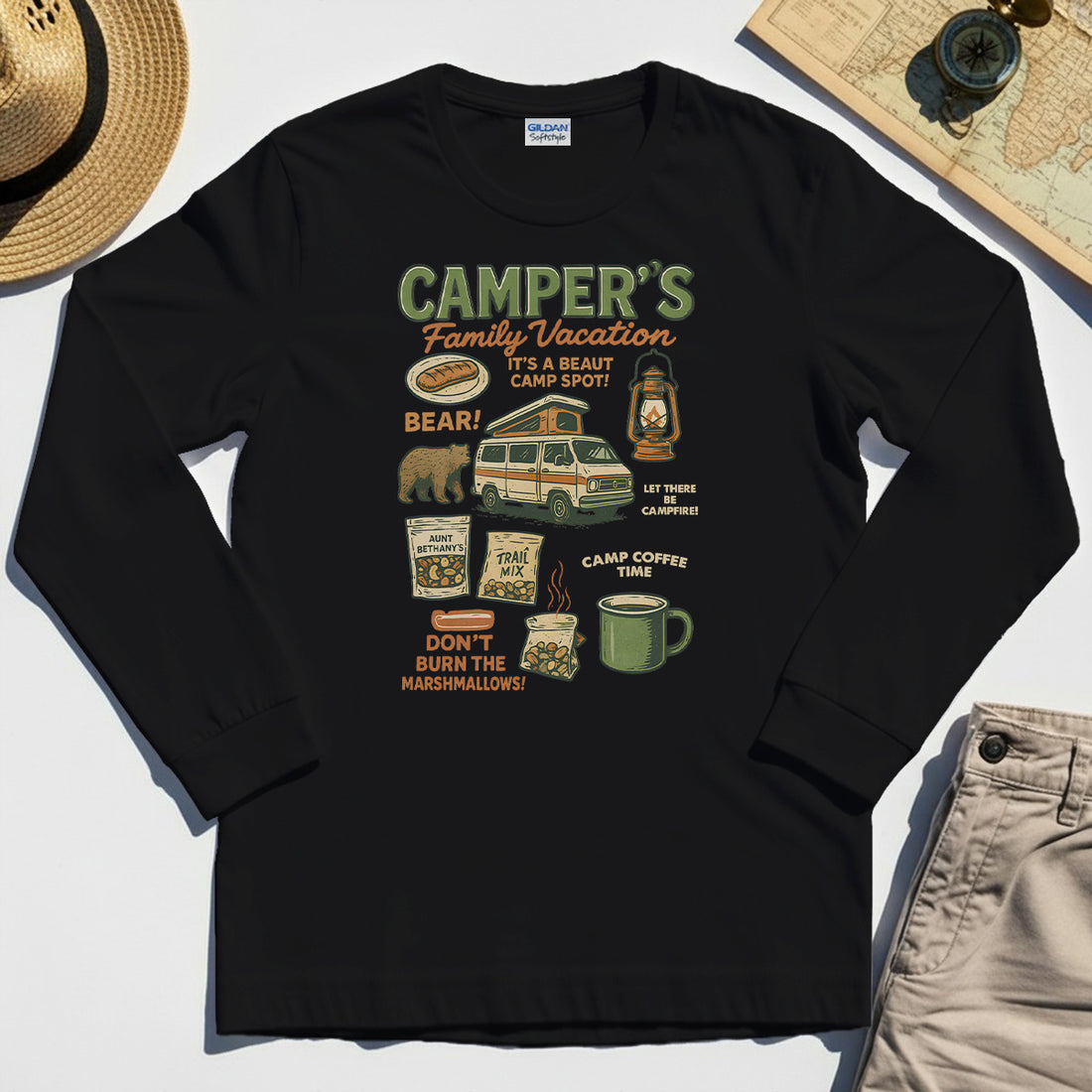 Camper’s Family Vacation Long Sleeve, Funny Outdoor Campfire Coffee Trail Mix Adventure Long Sleeve Tee 1