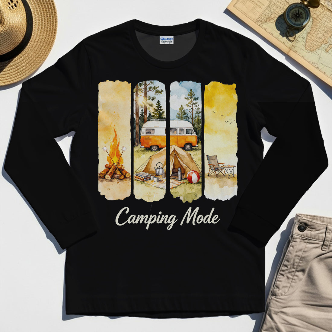 Van Life and Campfire Graphic Long Sleeve, Watercolor Campfire and Tent Graphic Long Sleeve Tee For Outdoor Lovers 1