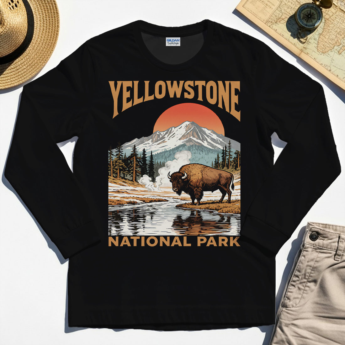 Yellowstone National Park Long Sleeve, Vintage Bison Sunset Mountain Long Sleeve Tee For Campers 1