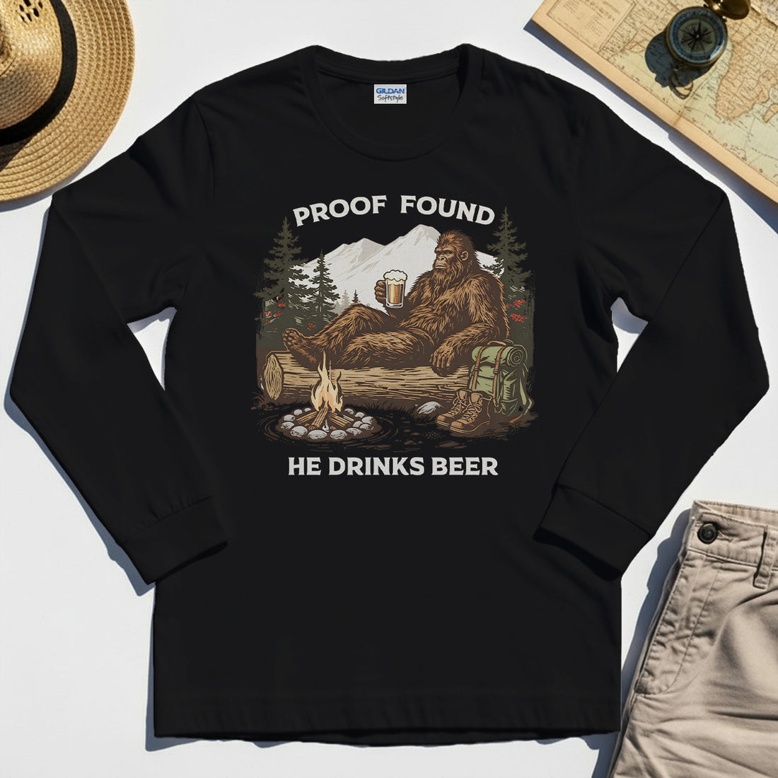 Funny Bigfoot "Proof Found He Drinks Beer" Camping Long Sleeve, Sasquatch Beer Lover Long Sleeve Tee For Campers 1