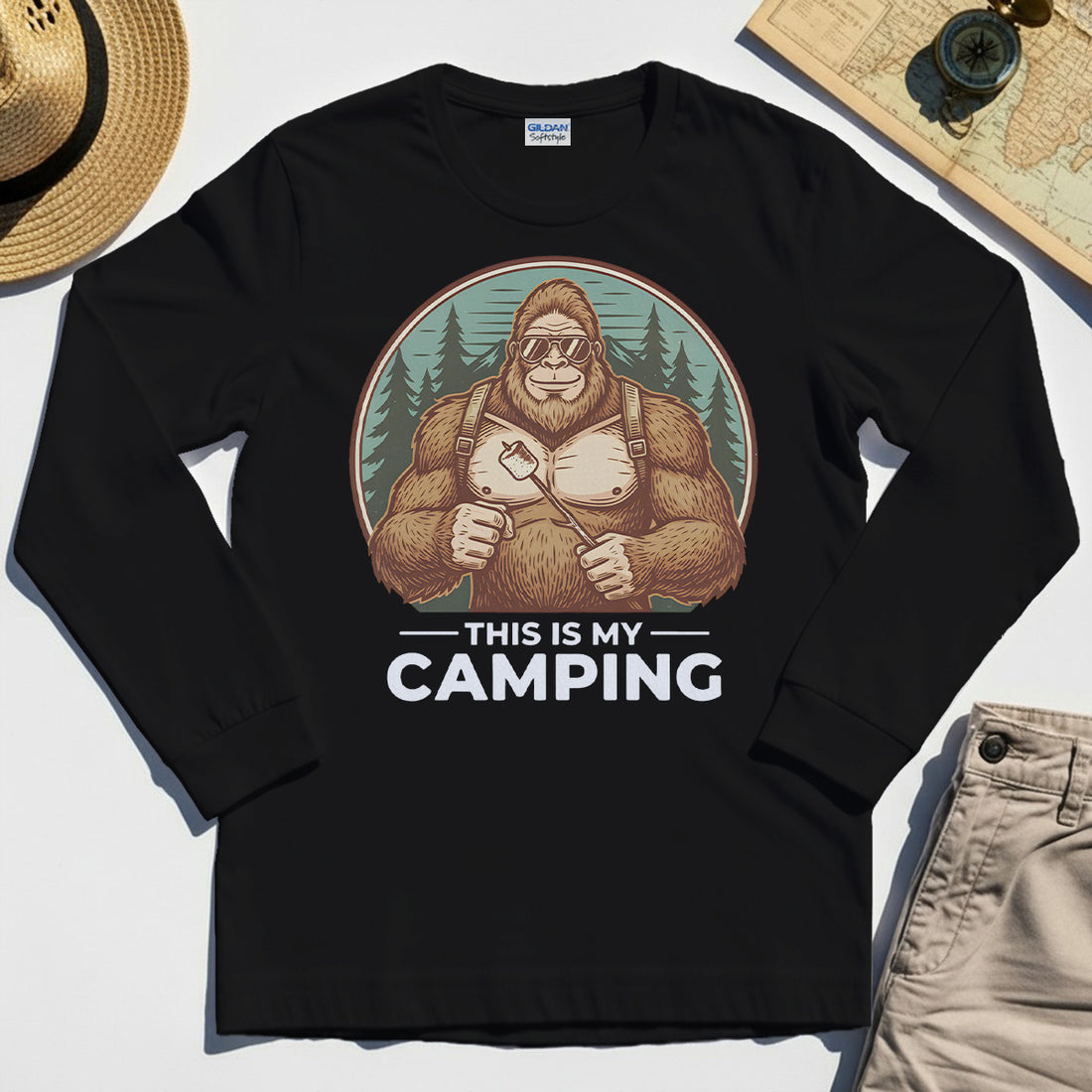 Funny Bigfoot Camping Long Sleeve Tee "This Is My Camping”, Sasquatch With Marshmallow Long Sleeve 1