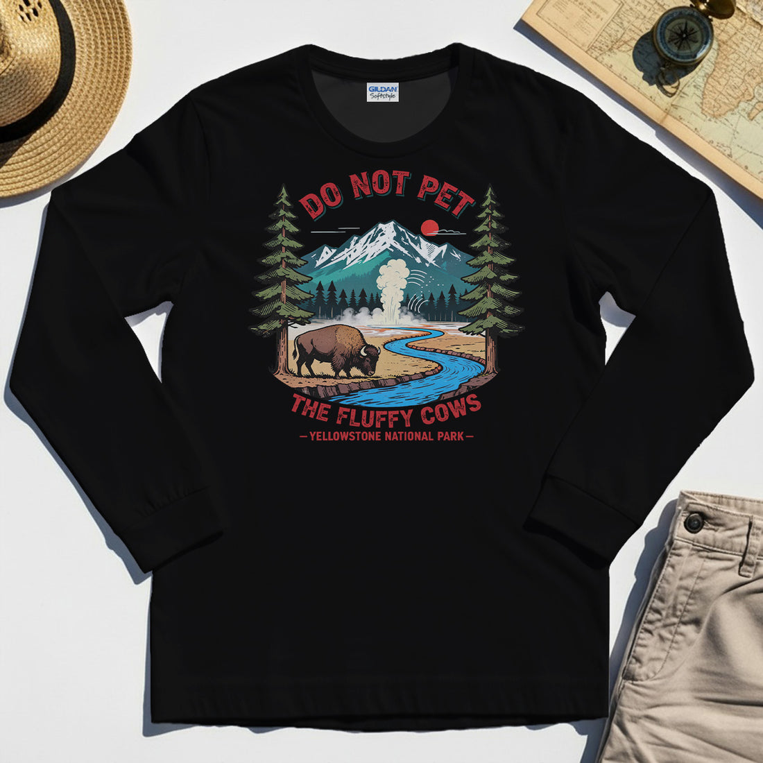 Yellowstone National Park Long Sleeve, Do Not Pet The Fluffy Cows Funny Bison Graphic Long Sleeve Tees 1