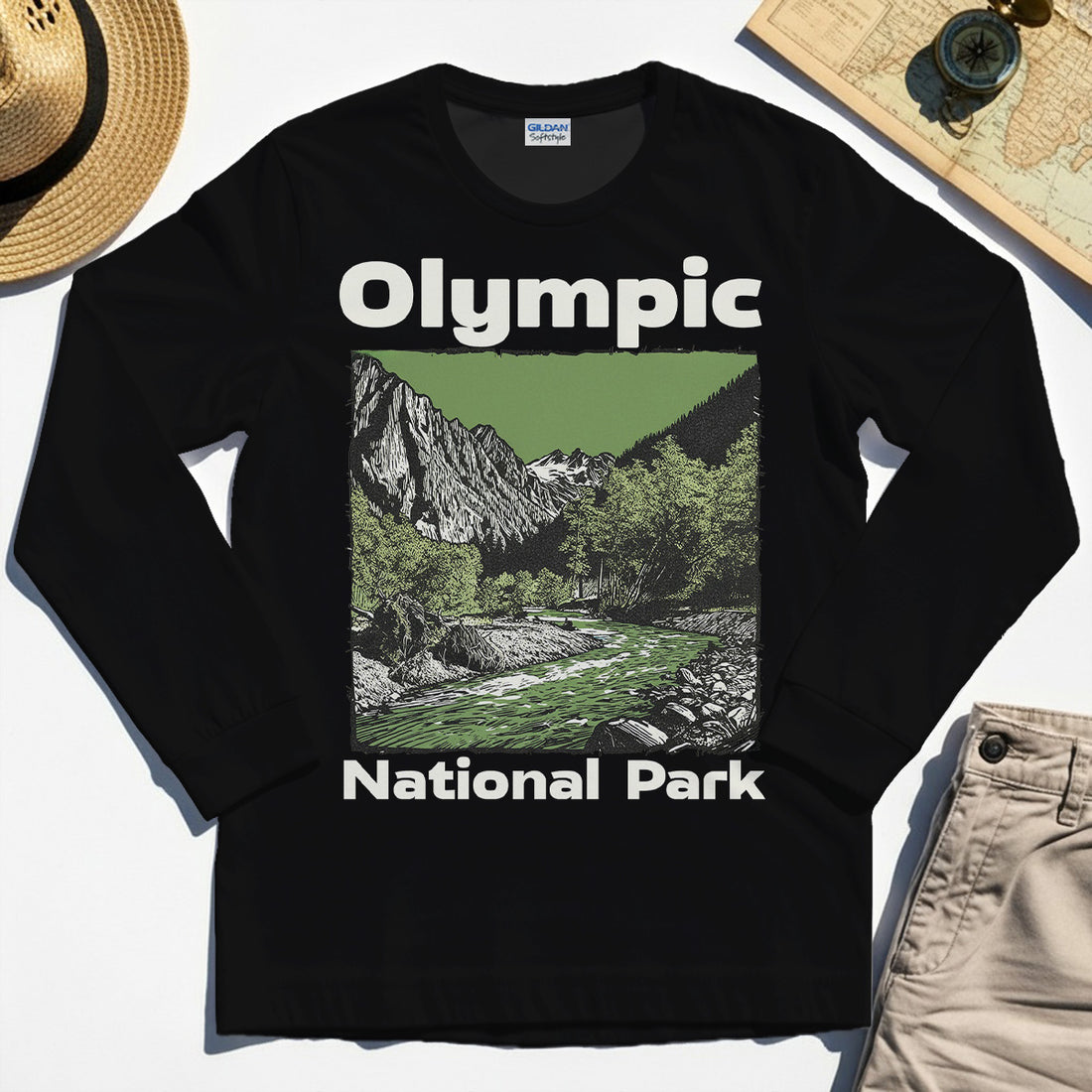 Olympic National Park Long Sleeve, Vintage Mountain River Scene Long Sleeve Tee For Outdoor Adventure Campers 1