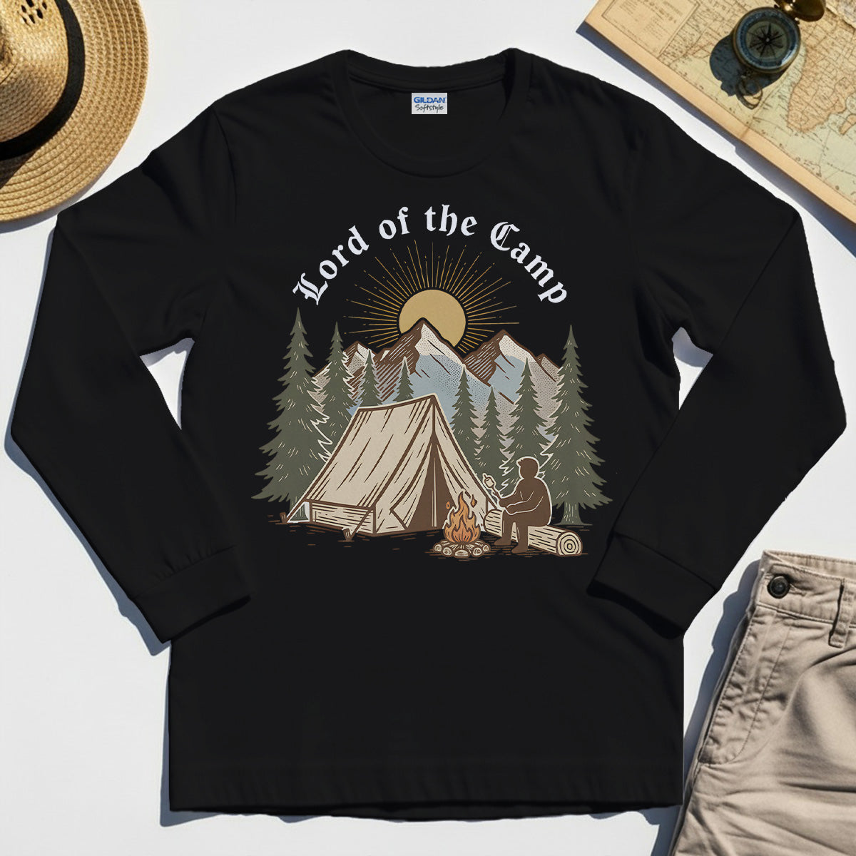 Vintage Lord of the Camp Campfire Long Sleeve, Tent And Campfire Mountain Scene Long Sleeve Tee 2