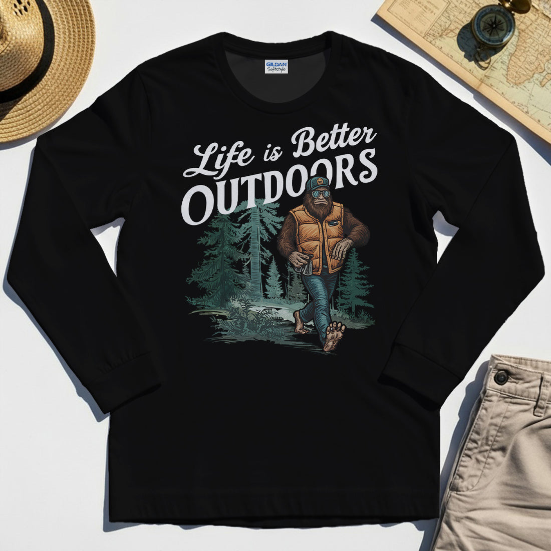 Bigfoot Life Is Better Outdoors Long Sleeve, Retro Camping Graphic Long Sleeve Tee For Outdoor Adventurers 1