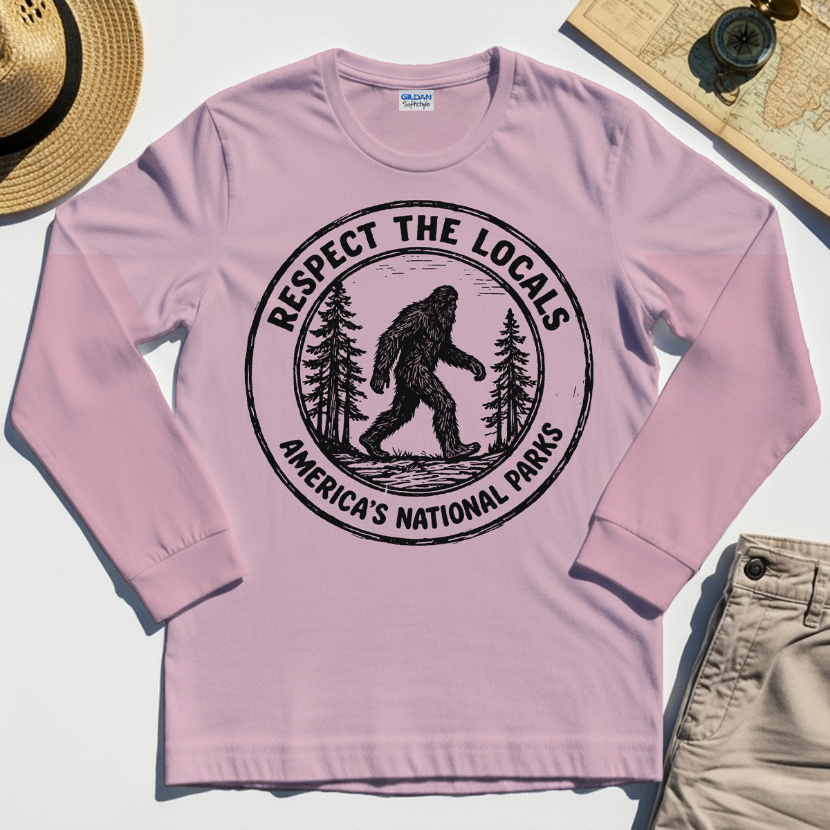 Retro Respect the Locals Bigfoot Long Sleeve, Funny Sasquatch National Park Camping Long Sleeve Tee 2
