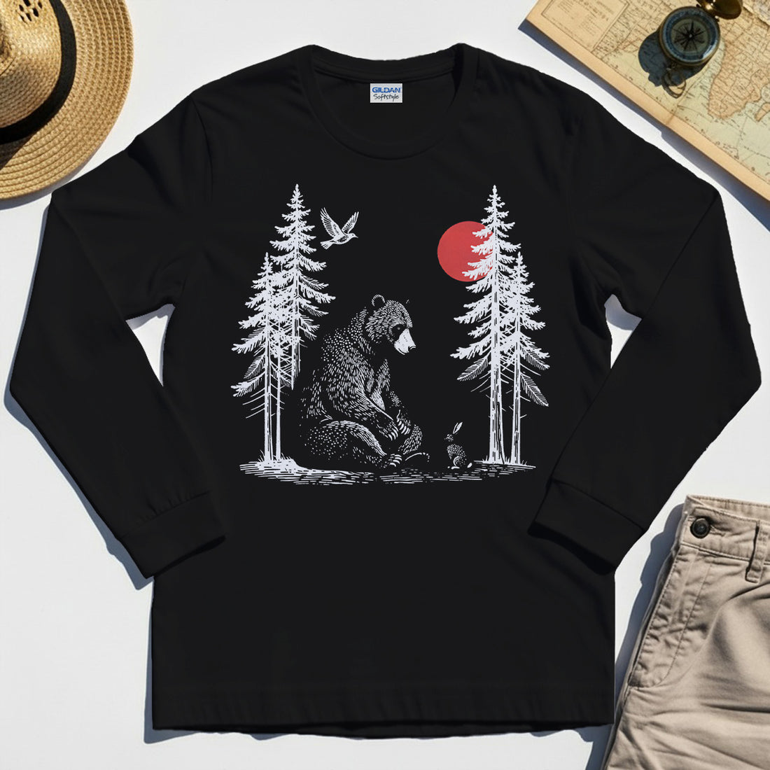Bear and Bunny Under Red Sun Long Sleeve, Vintage Forest Nature Graphic Long Sleeve Tee, Wildlife Art Long Sleeve For Outdoor Lovers 1
