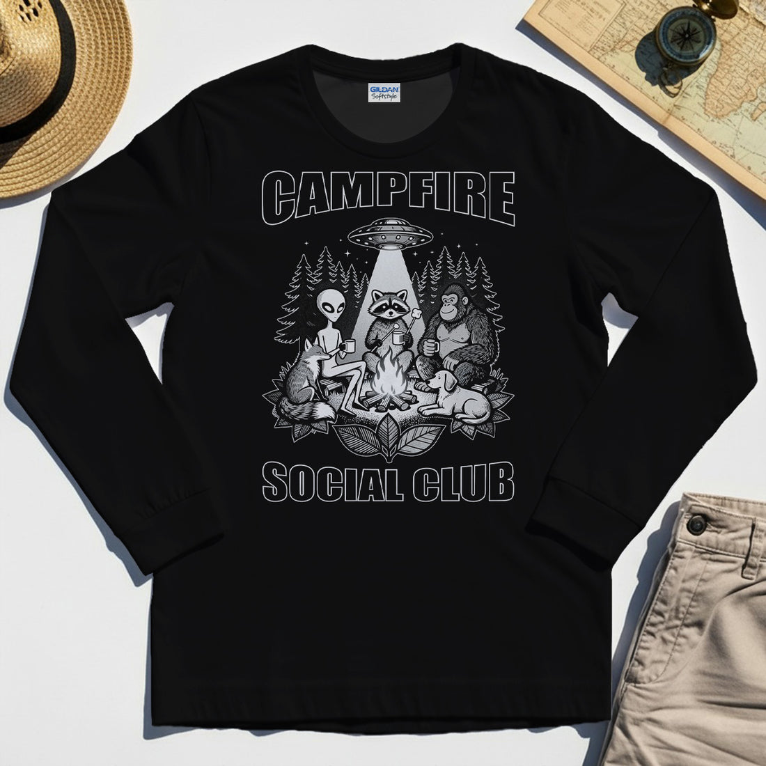 Campfire Social Club With Alien, Bigfoot, UFO And Raccoon Long Sleeve Tee 1