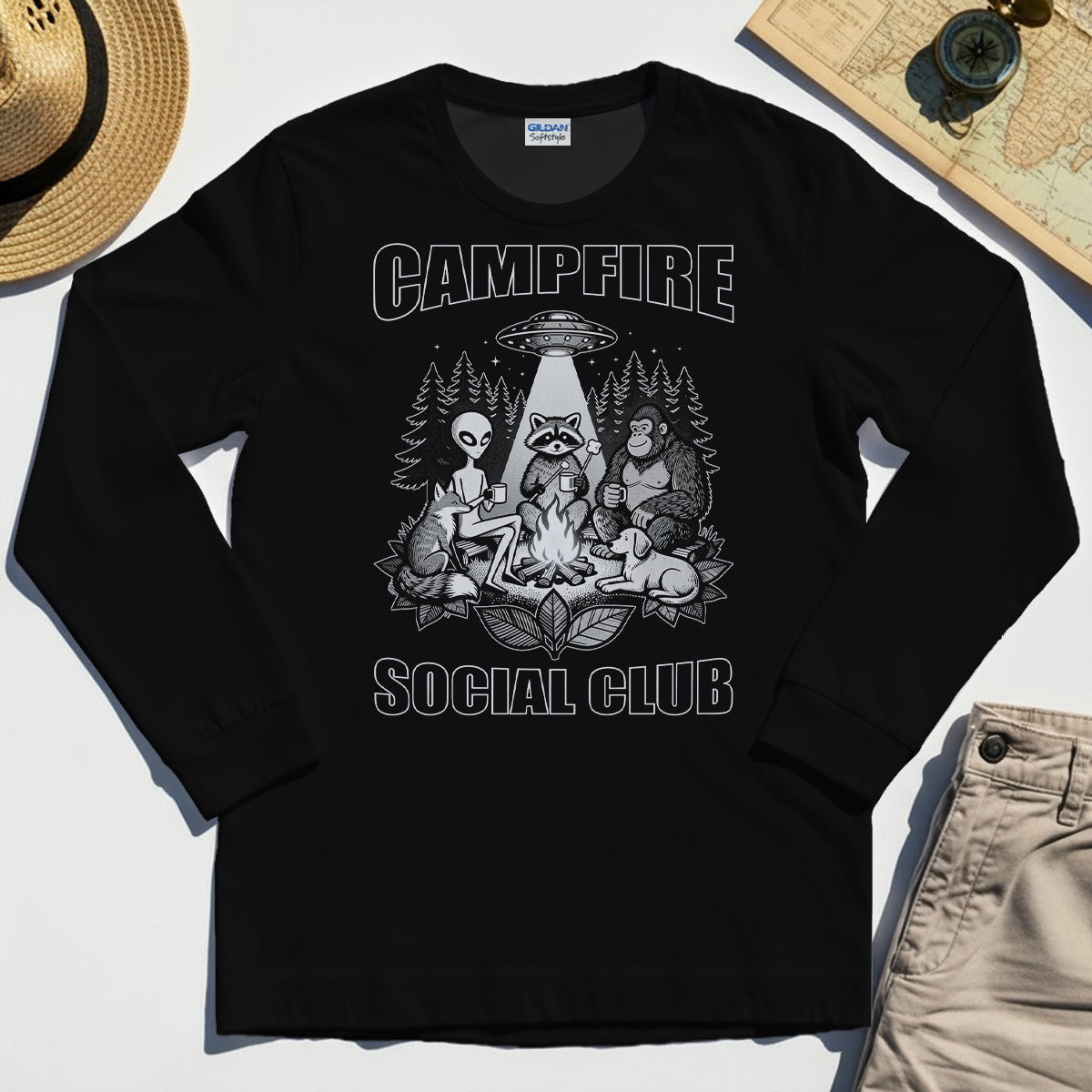 Campfire Social Club With Alien, Bigfoot, UFO And Raccoon Long Sleeve Tee 1
