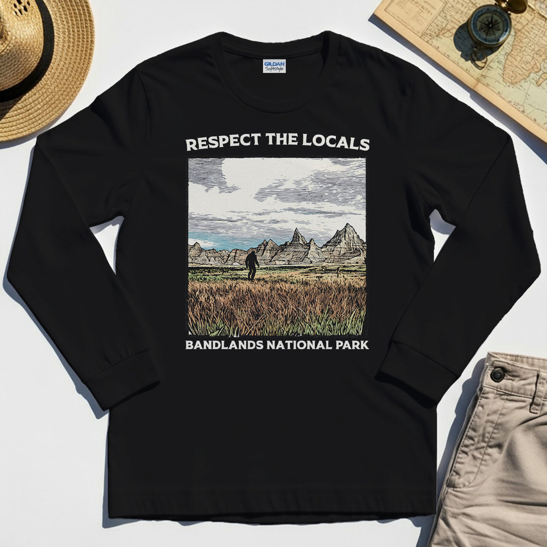 Sasquatch Respect The Locals Long Sleeve, Bigfoot Hiking Through Badlands National Park Long Sleeve Tee 1