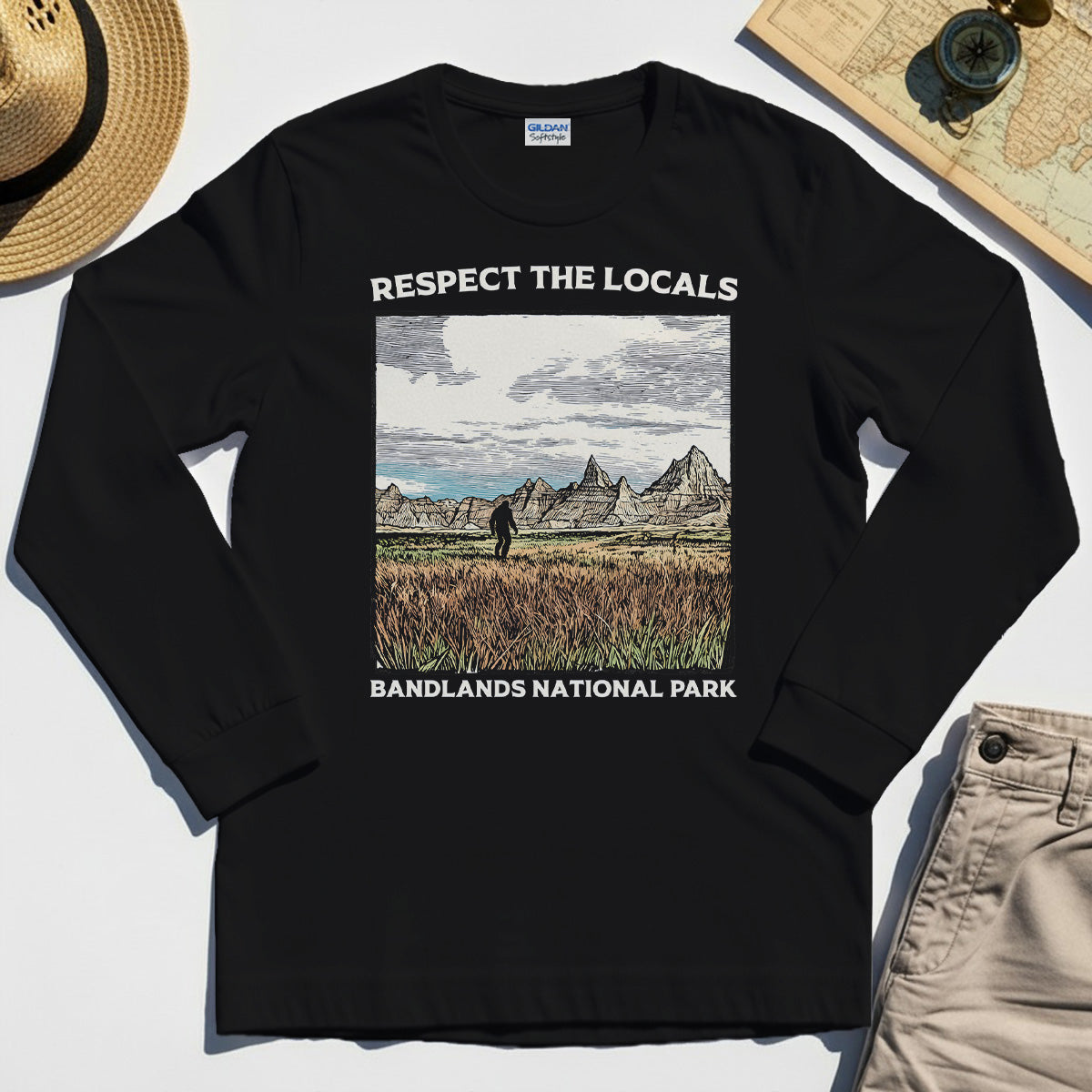 Sasquatch Respect The Locals Long Sleeve, Bigfoot Hiking Through Badlands National Park Long Sleeve Tee 2