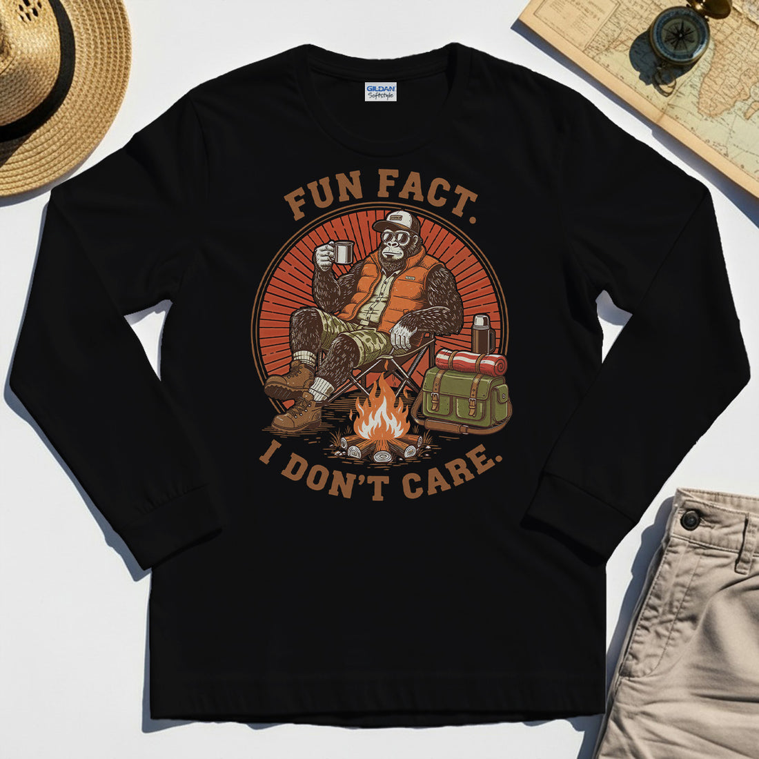 Funny Bigfoot Camping Long Sleeve, "Fun Fact I Don’t Care” 1