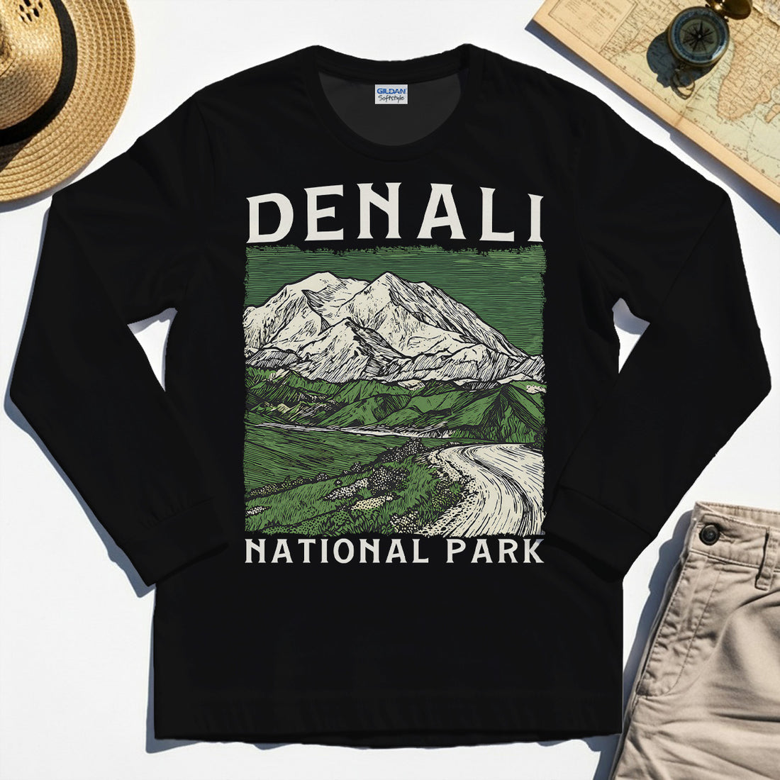 Denali National Park Long Sleeve, National Park Mountain Landscape Long Sleeve Tee 1