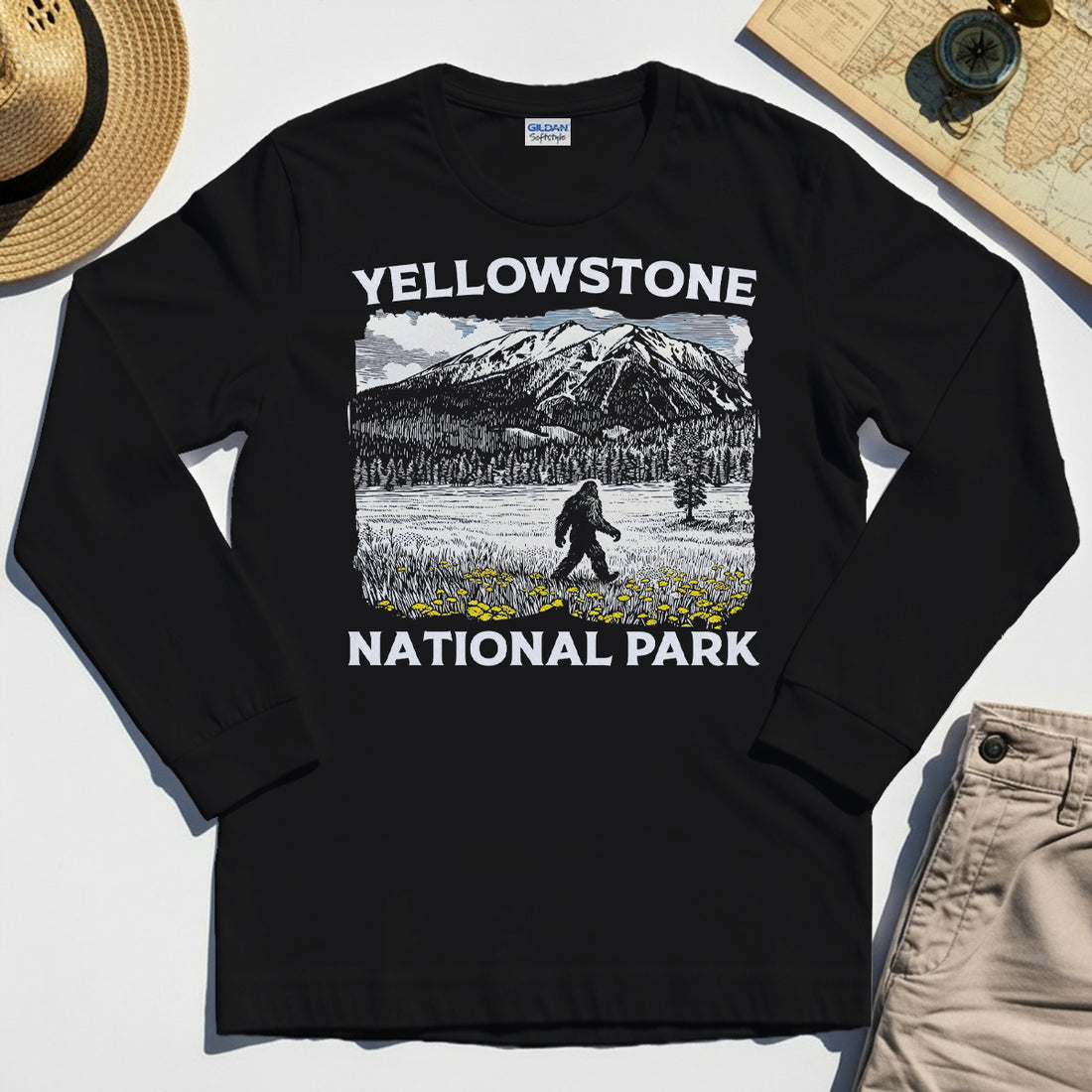Yellowstone National Park Long Sleeve Tee, Bigfoot Hiking Graphic 1