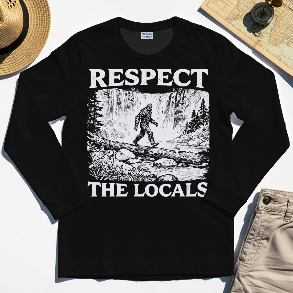 Bigfoot Respect The Locals Long Sleeve, Vintage Waterfall Hiking Graphic Long Sleeve Tee For Camper And Adventurers 2