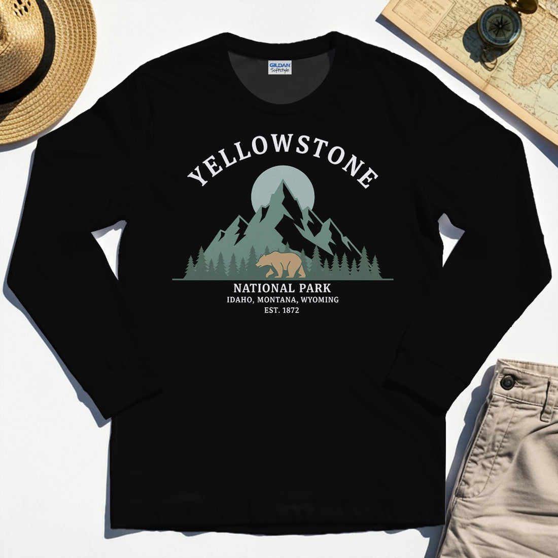 Yellowstone National Park Long Sleeve, Bear & Pines Mountain Graphic Long Sleeve Tee 1