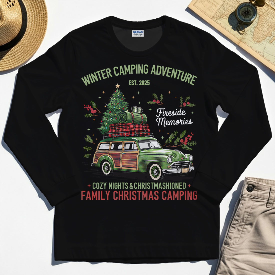 Winter Camping Adventure Long Sleeve, Retro Car with Tree Family Christmas Camping Long Sleeve Tee 1