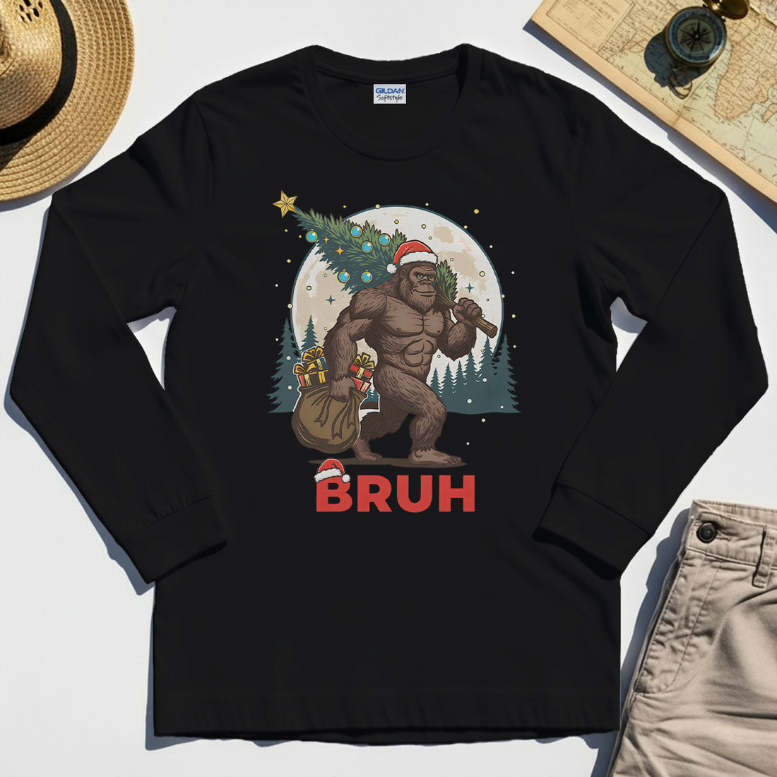 Bigfoot Christmas "BRUH" Long Sleeve, Retro Santa Hat Sasquatch Carrying Christmas Tree Long Sleeve Tee 1