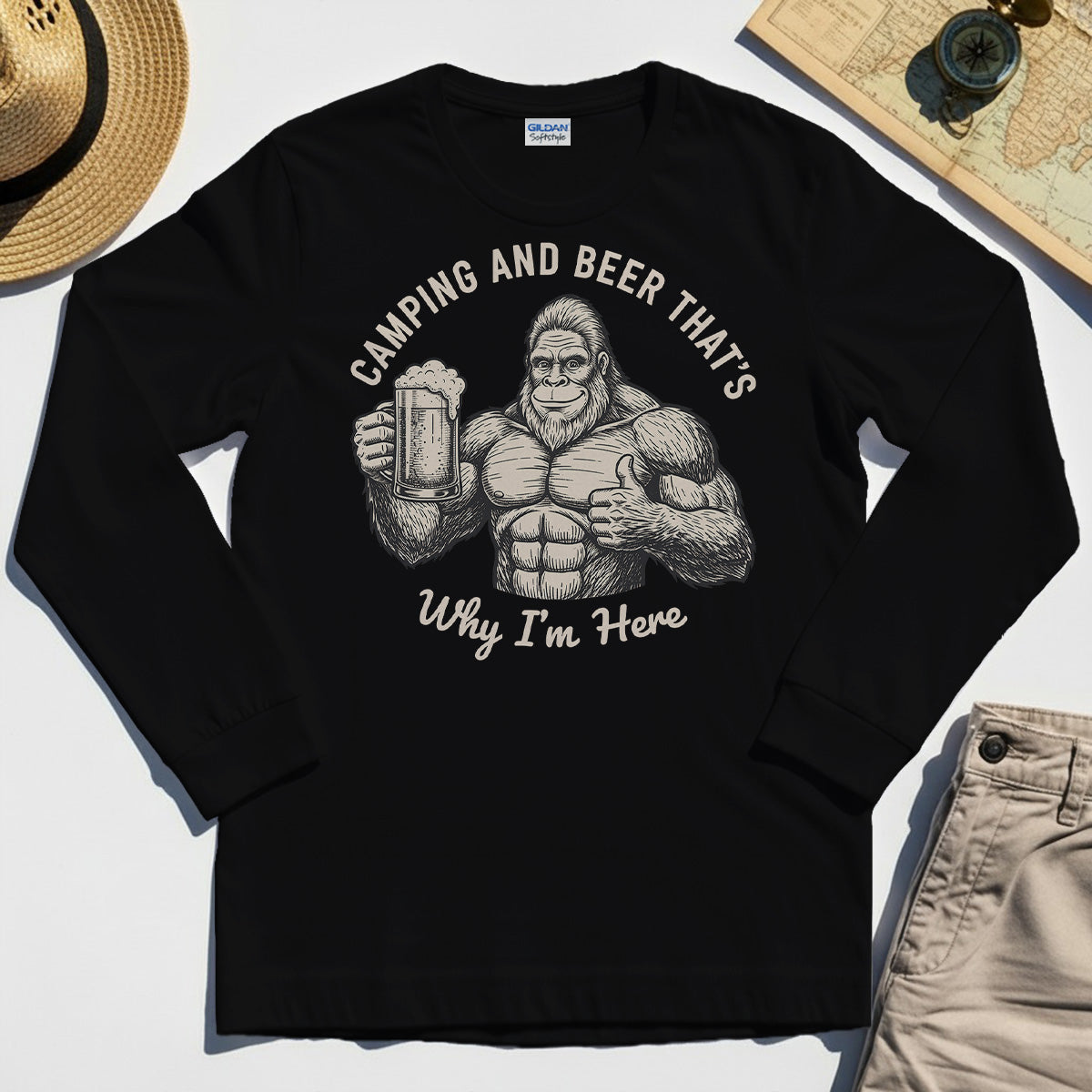 "Camping and Beer That’s Why I’m Here" Funny Bigfoot Camping Long Sleeve Tee 1