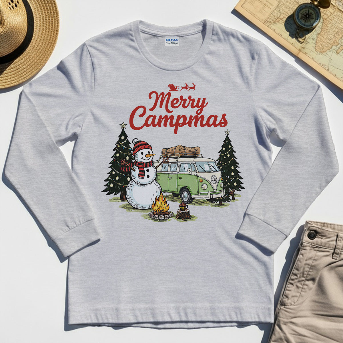 Funny Merry Christmas Camping Long Sleeve Tee, Retro Camper Van Snowman Campfire Long Sleeve For Outdoor Lovers 6