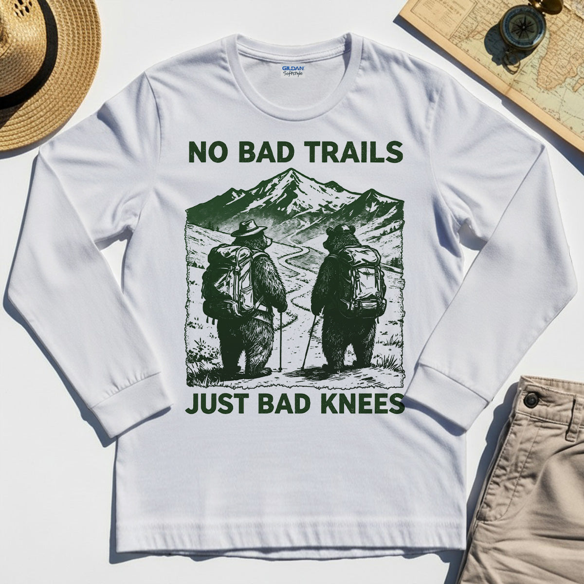 No Bad Trails Just Bad Knees Long Sleeve, Vintage Bear Backpacking Long Sleeve Tee For Campers and Outdoor Enthusiasts 1