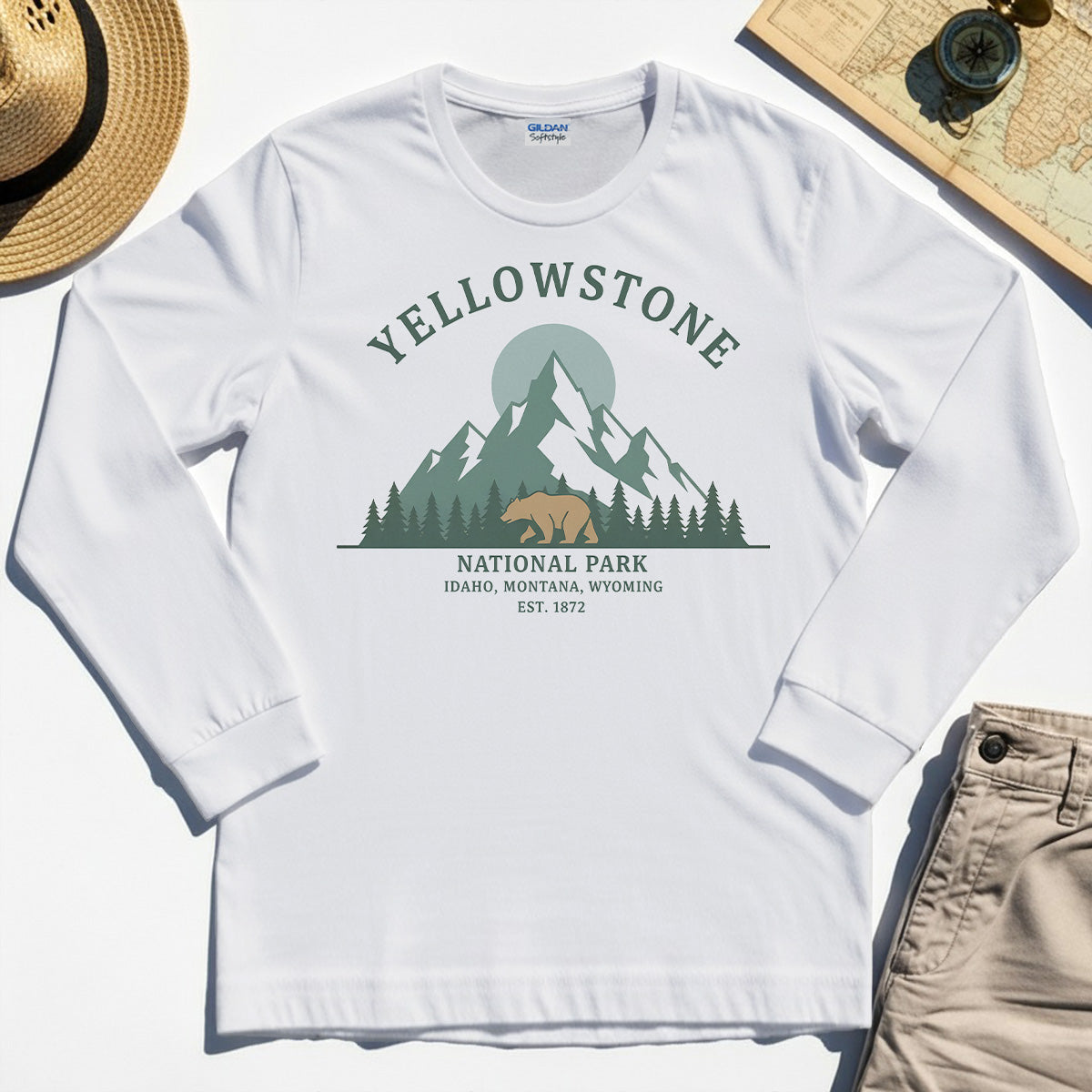 Yellowstone National Park Long Sleeve, Bear & Pines Mountain Graphic Long Sleeve Tee 8