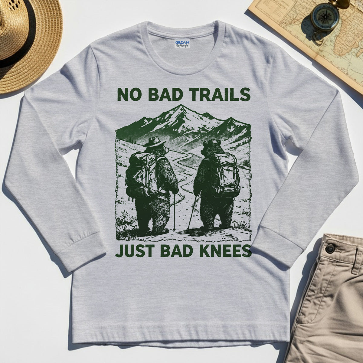 No Bad Trails Just Bad Knees Long Sleeve, Vintage Bear Backpacking Long Sleeve Tee For Campers and Outdoor Enthusiasts 8